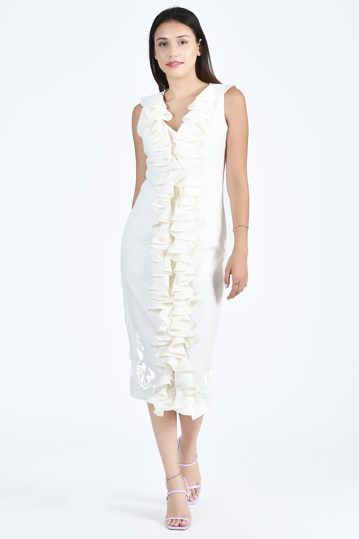 Belinda Ruffle Dress In Ivory with Tree of Life Embroidery Detail (Fanm Mon - Wombman Collection)