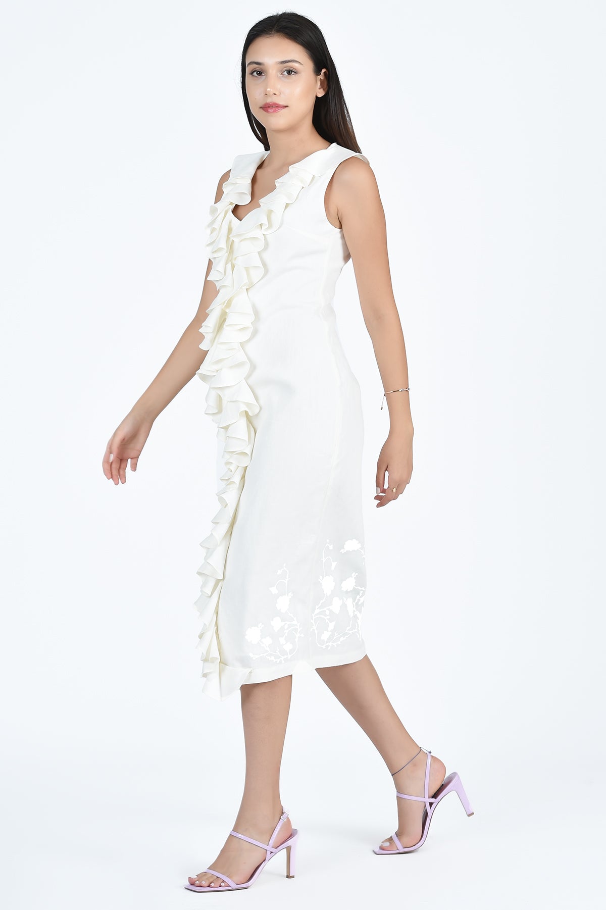 Belinda Dress in Ivory side view of the Floral Embroidery Details