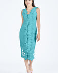 Fanm Mon Belinda Dress in Teal with Ruffle Front and White Floral Embroidery Details