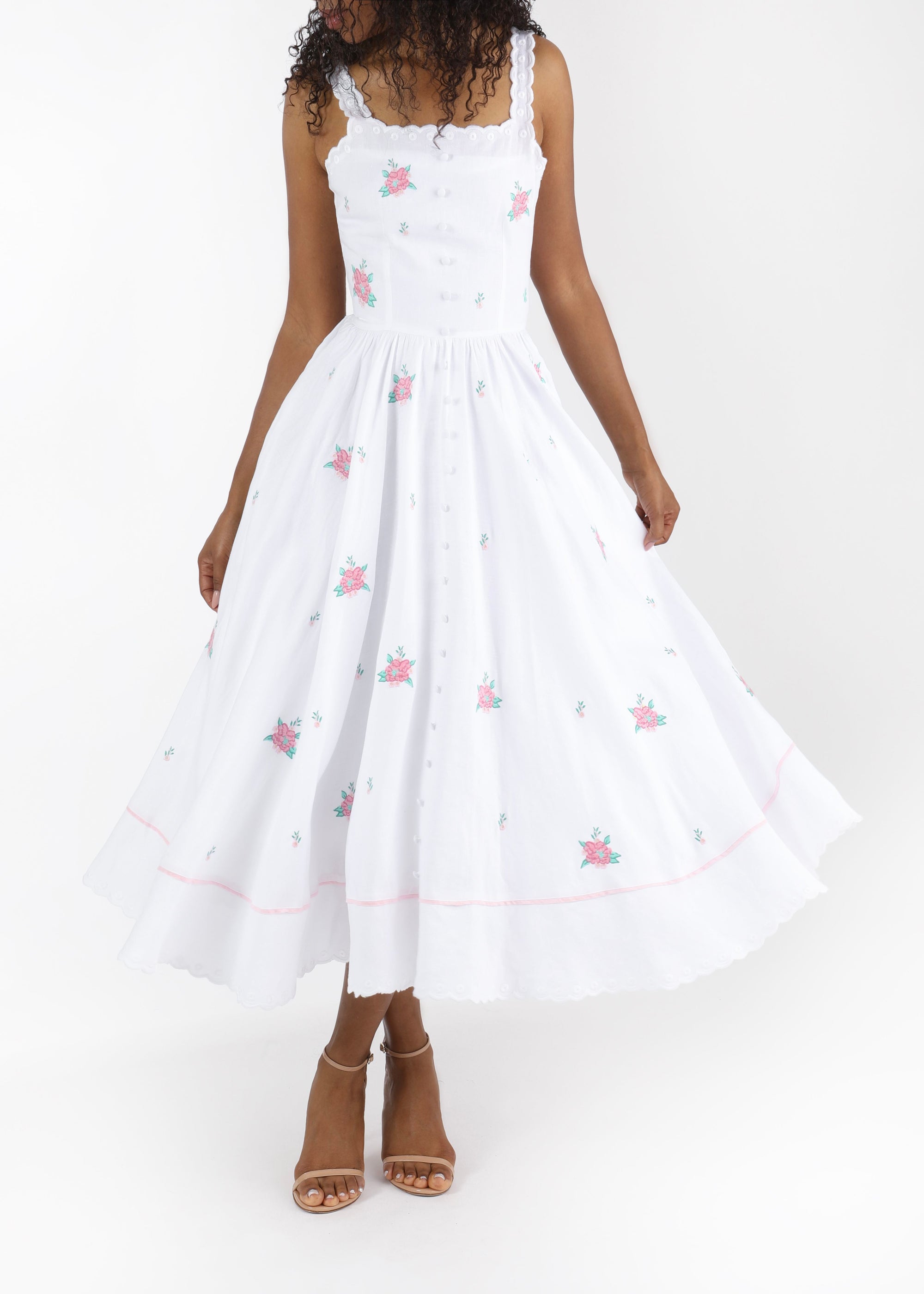 Fanm Mon and Over the Moon Cathleen Pink Floral Embroidered Midi Dress