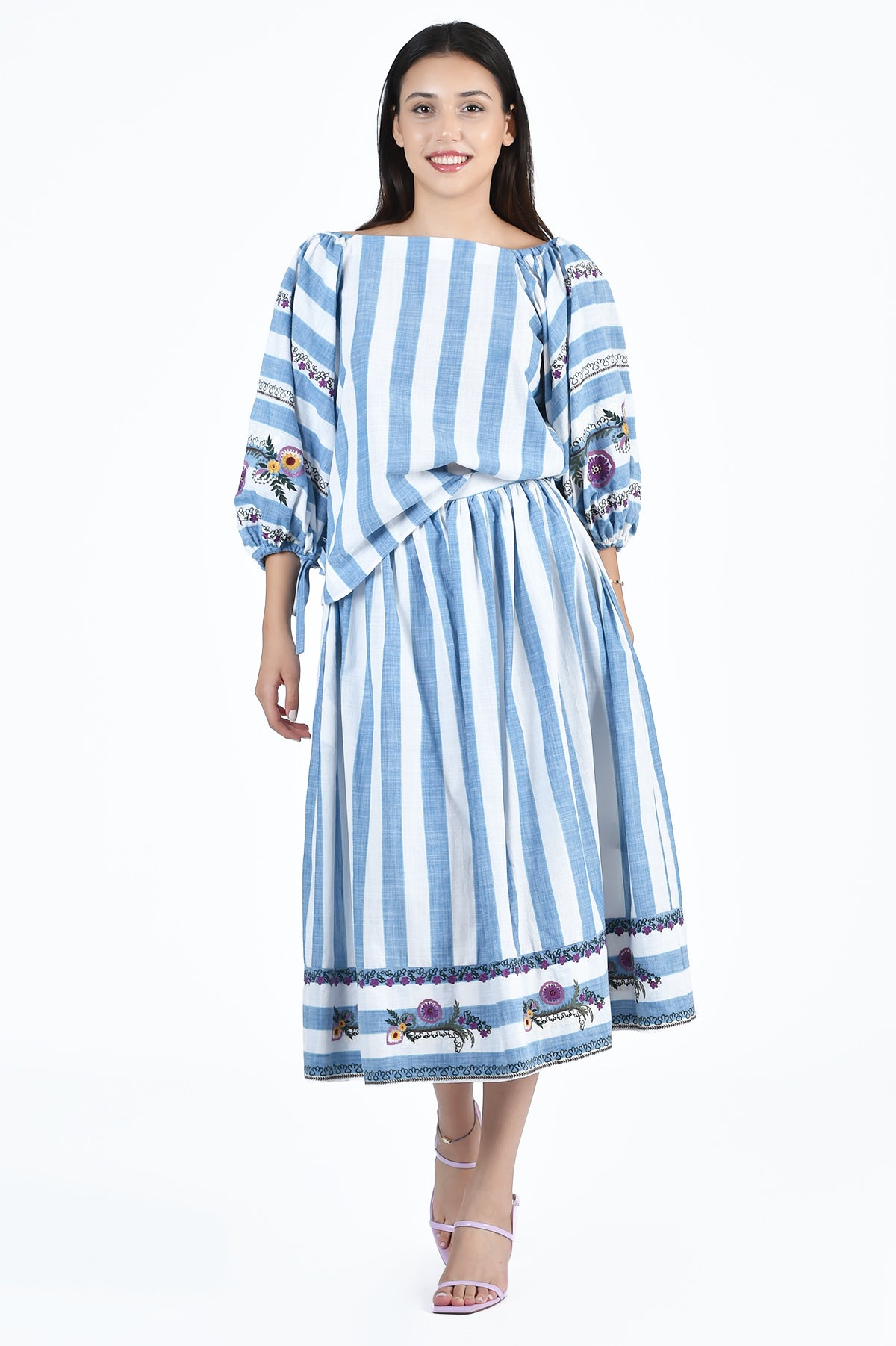 Gabriel Blouse and Skirt Set with Floral and Grape Vine Inspired Embroidery in Blue Stripes (Fanm Mon - Wombman 2024)