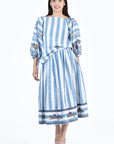 Gabriel Blouse and Skirt Set with Floral and Grape Vine Inspired Embroidery in Blue Stripes (Fanm Mon - Wombman 2024)