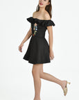 Off the Shoulder View of the Irene Dress in Black