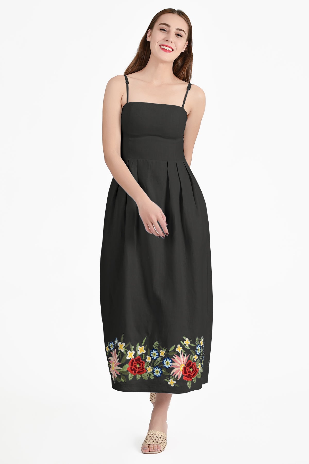 Ivy Dress In Black with Floral Embroidery