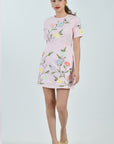 Model wearing the Fanm Mon Joe Dress in Light Pink Poplin cotton featuring hand-placed cosmos flower, poppy, and buttercup embroidery on a tailored mini silhouette against a neutral studio background.