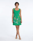 Model wearing the Fanm Mon Kelsie Dress featuring wildflower embroidery, scoop neckline, sleeveless tailored silhouette, and mini length in front view against a neutral studio background