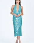 Fanm Mon Karla Cotton Halter Dress in Teal with Tree of Life Embroidery Details