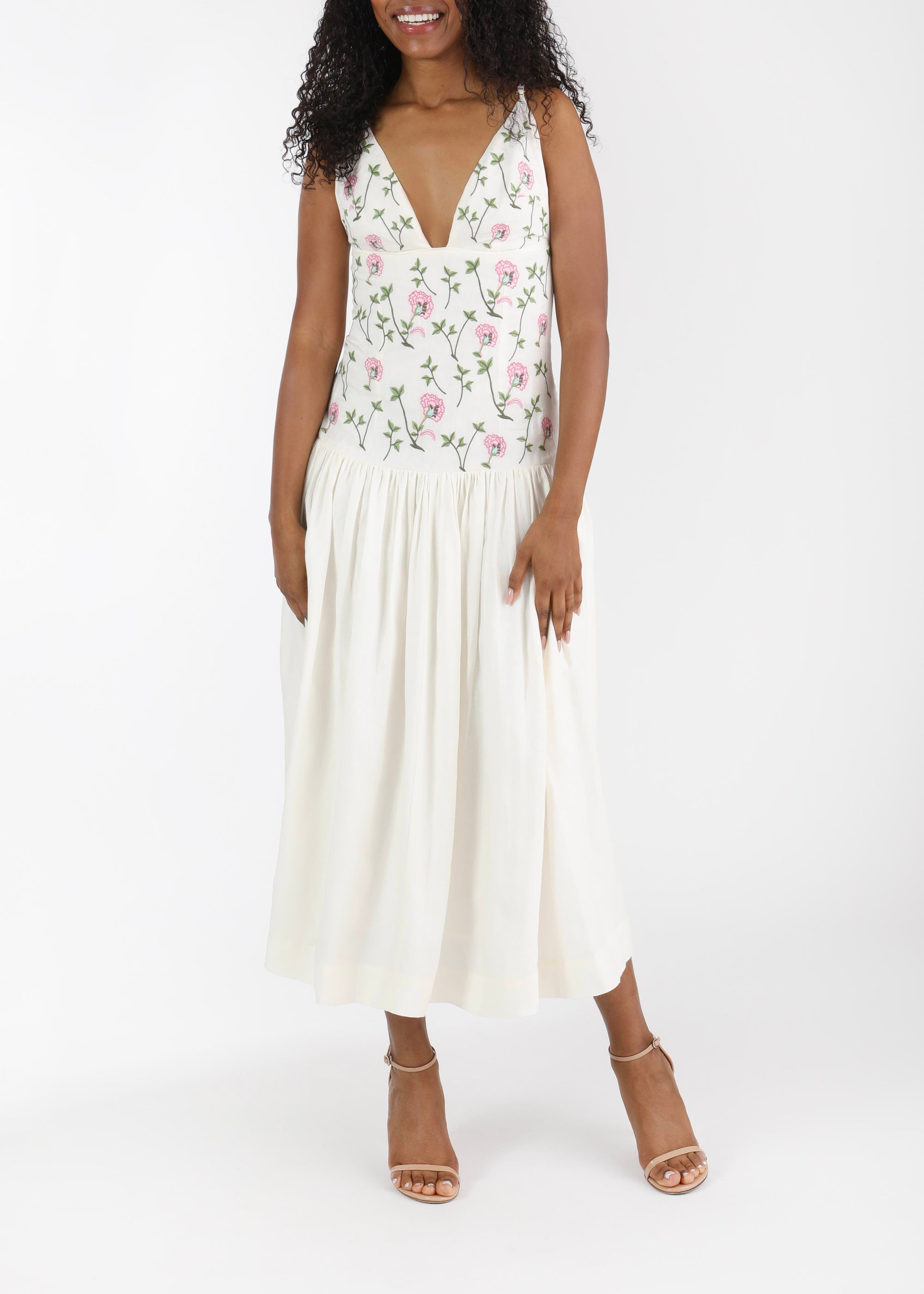 Fanm Mon and Over The Moon Kelly V Neck White and Pink Floral Midi Dress