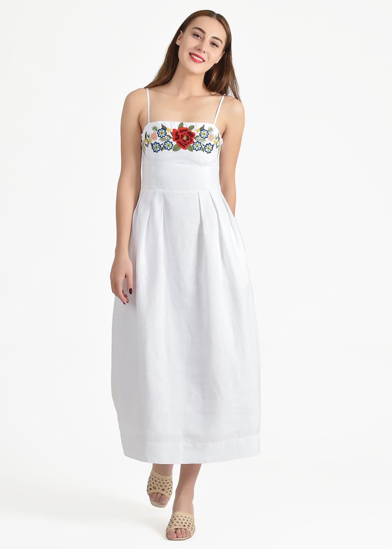 Loadis Dress in White with Bouquet Inspired Floral Embroidery on the Bust