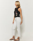 Linares button front blouse by Fanm Mon, sleeveless top with floral embroidery, side view.