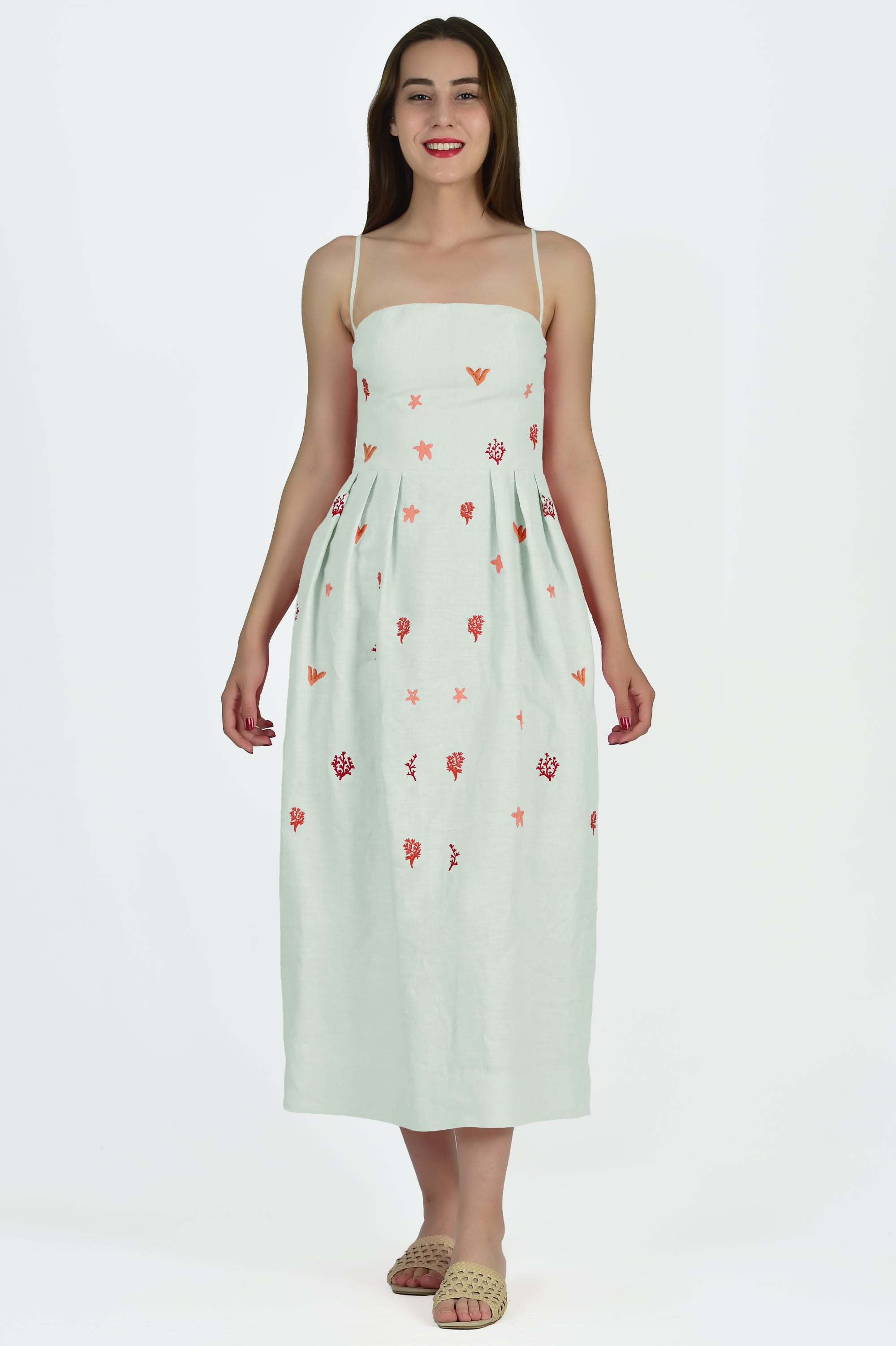 Fanm Mon x Liz Adams Emily Dress in Mint Green with Sea Inspired Embroidery