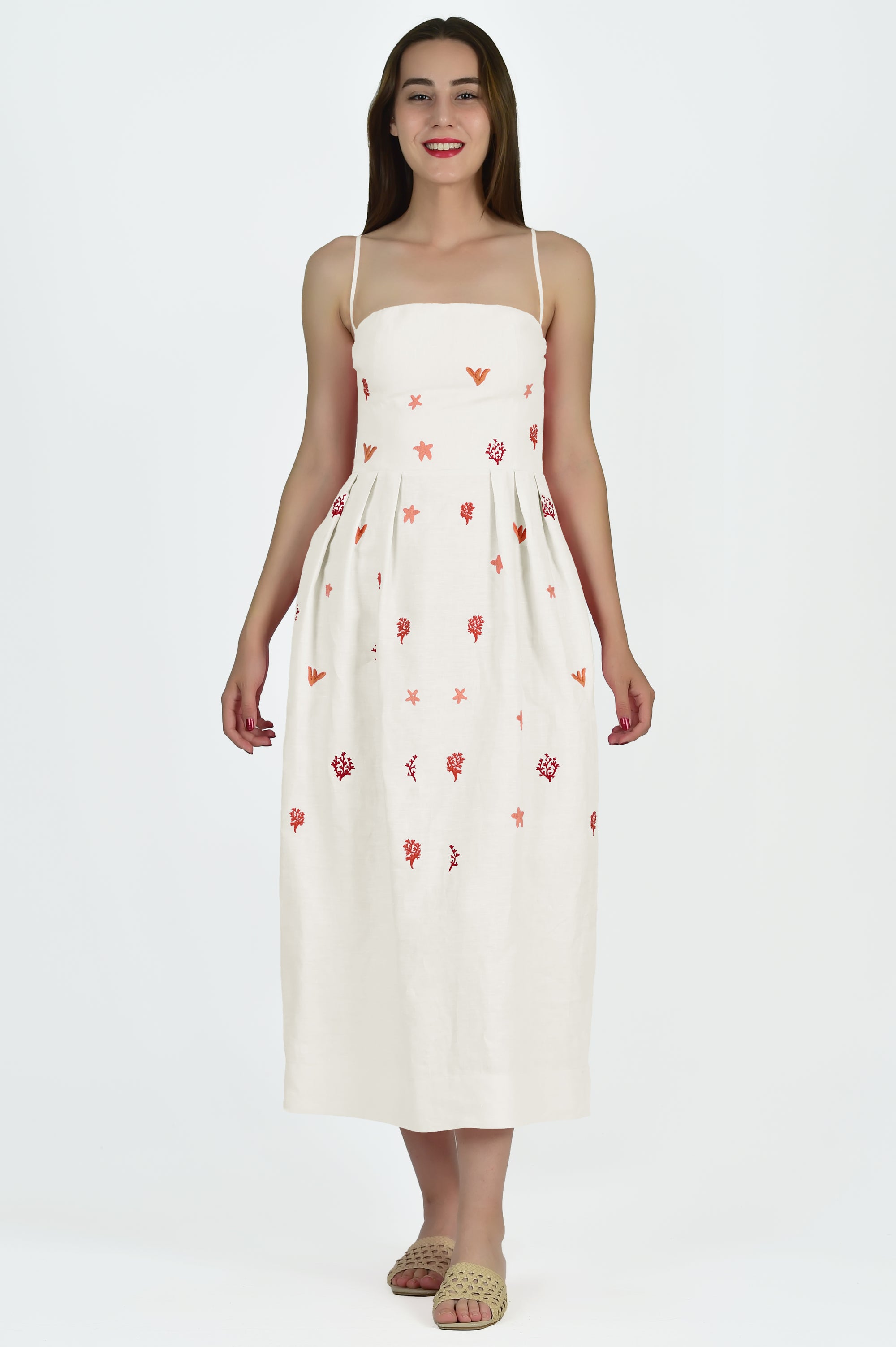 Liz Adams x Fanm Mon Cream Emily Dress with Coral and Starfish embroidery details