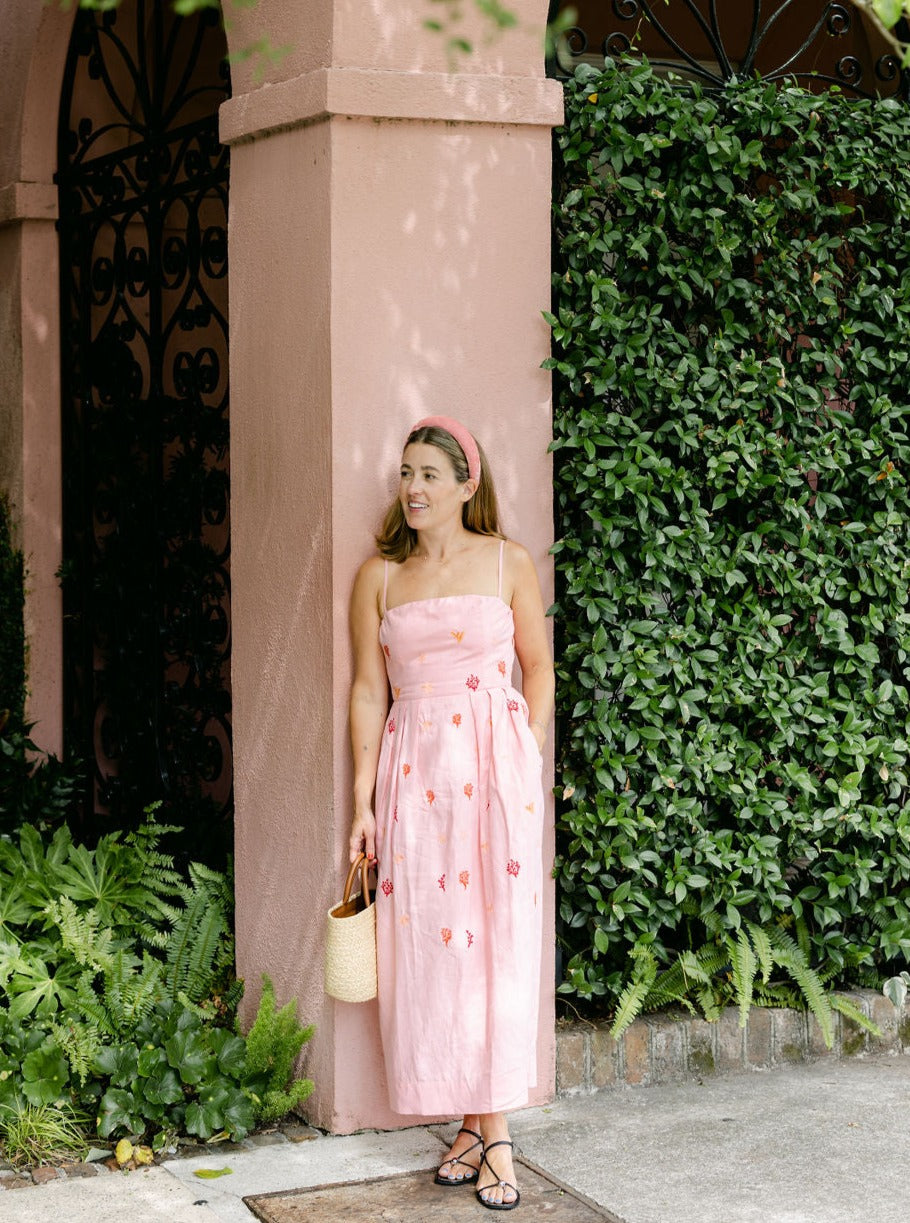 Liz Adams in our Collaboration Dress Emily with Sea Inspired Embroidery Details