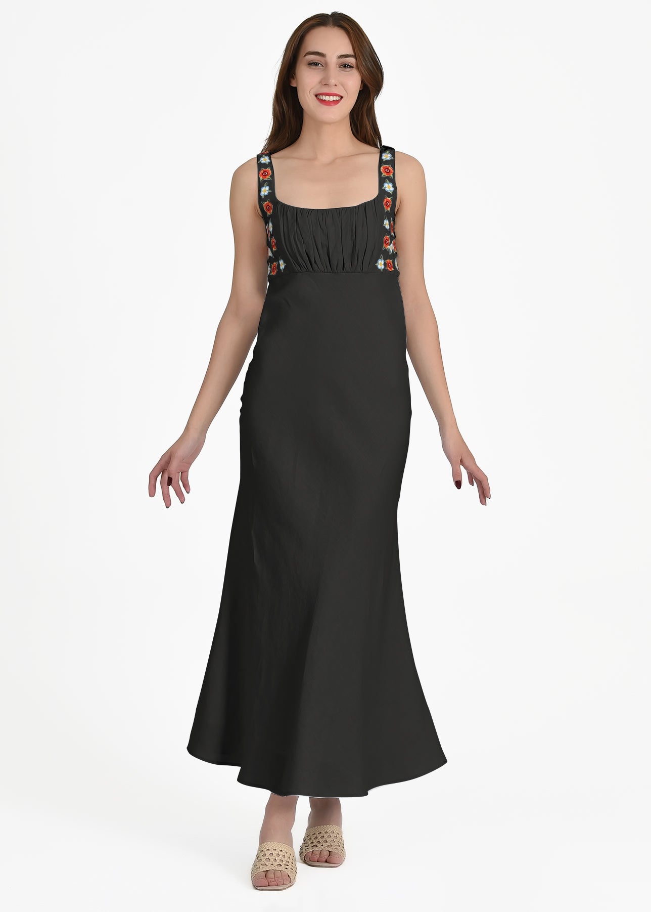 Lulu Dress in Black with Red and Blue Floral Embroidery
