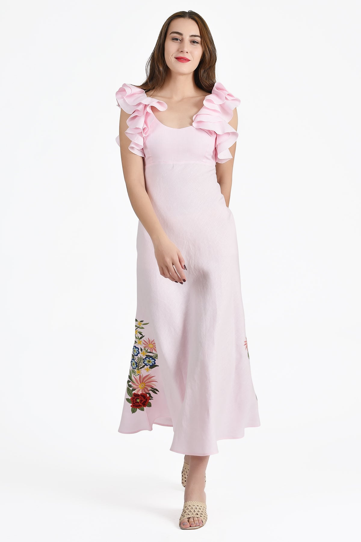 Lyndie Dress in Light Pink with Floral Bouquet Embroidery