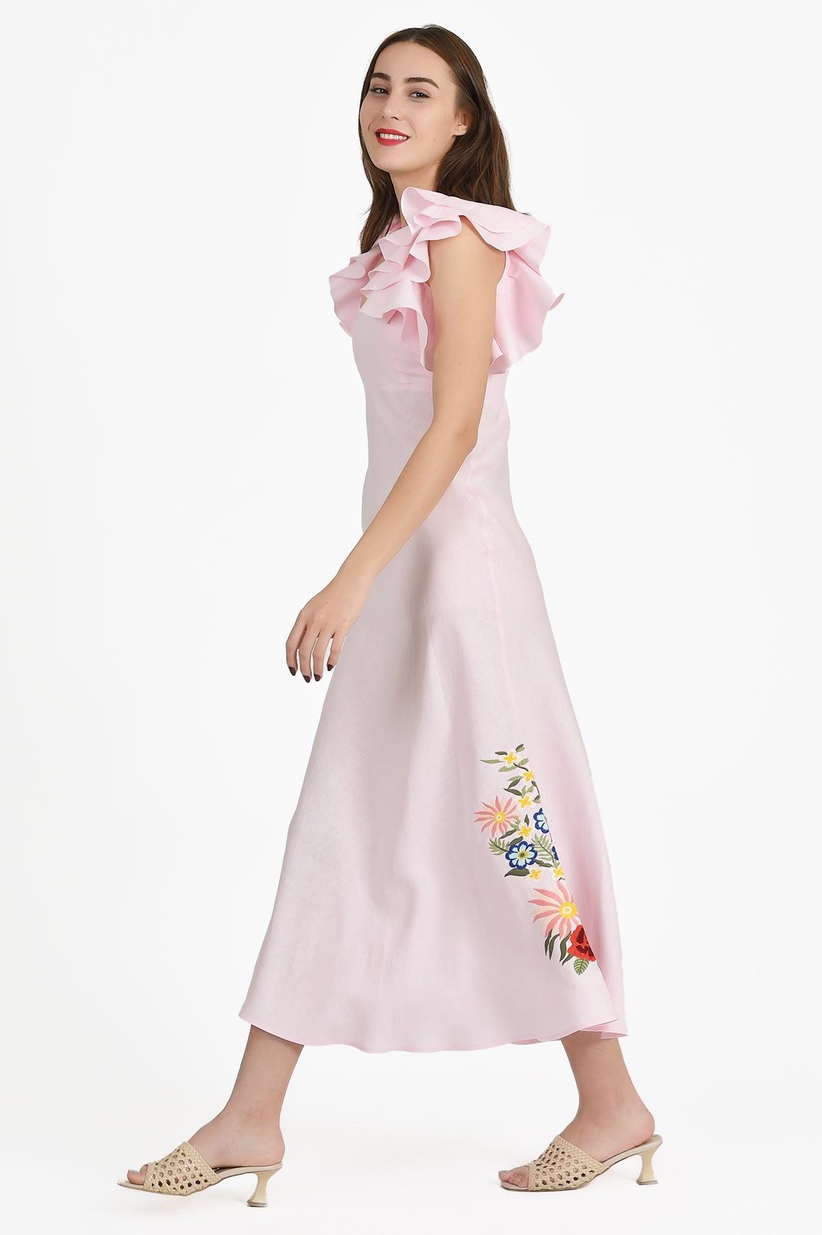 Side View of the Lyndie Dress  in Light Pink with Floral Embroidery