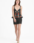 Malia Dress in Black with Red, White, Blue, and Green Floral Embroidery