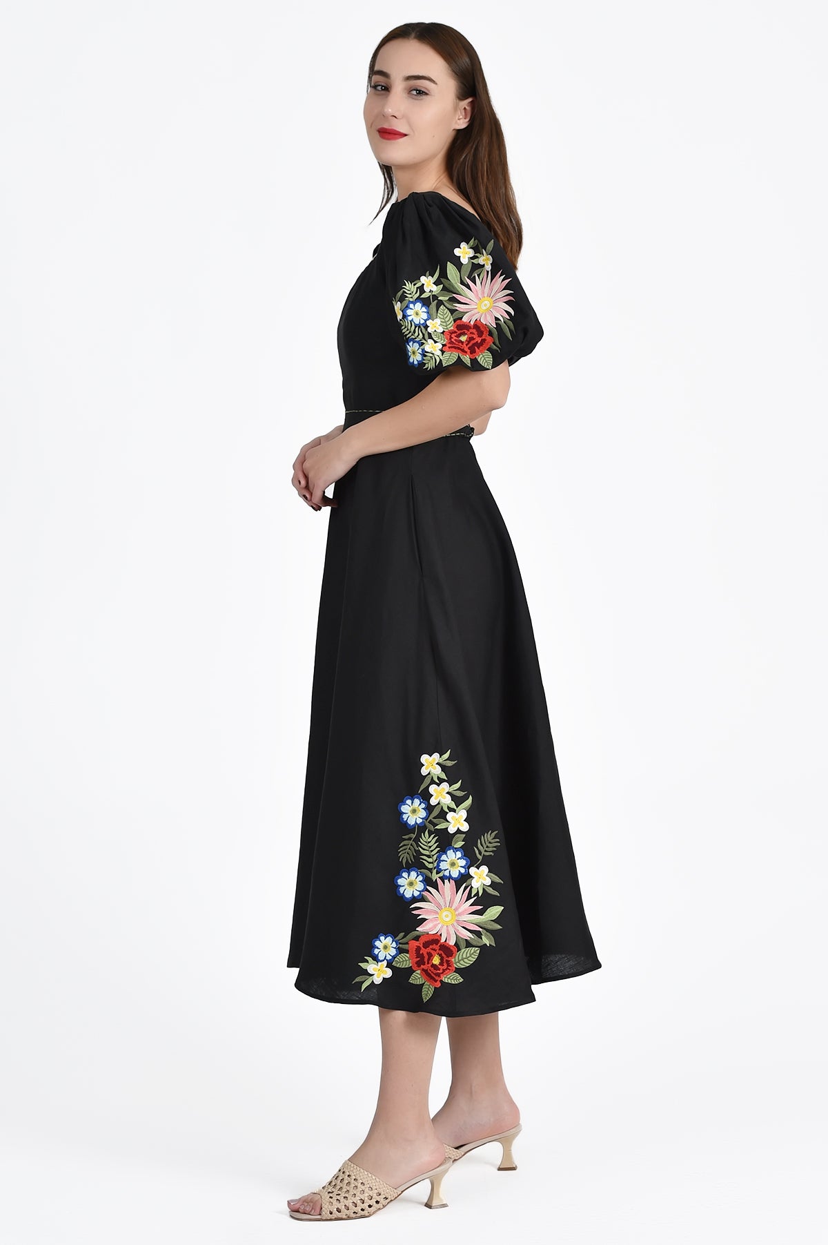 Side View of the Floral Embroidery on Maude Dress in Black