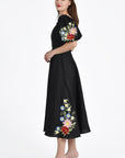 Side View of the Floral Embroidery on Maude Dress in Black