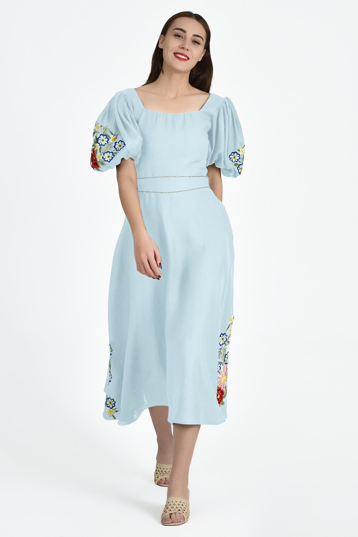 Maude Dress in Light Lagoon with Waist Belt