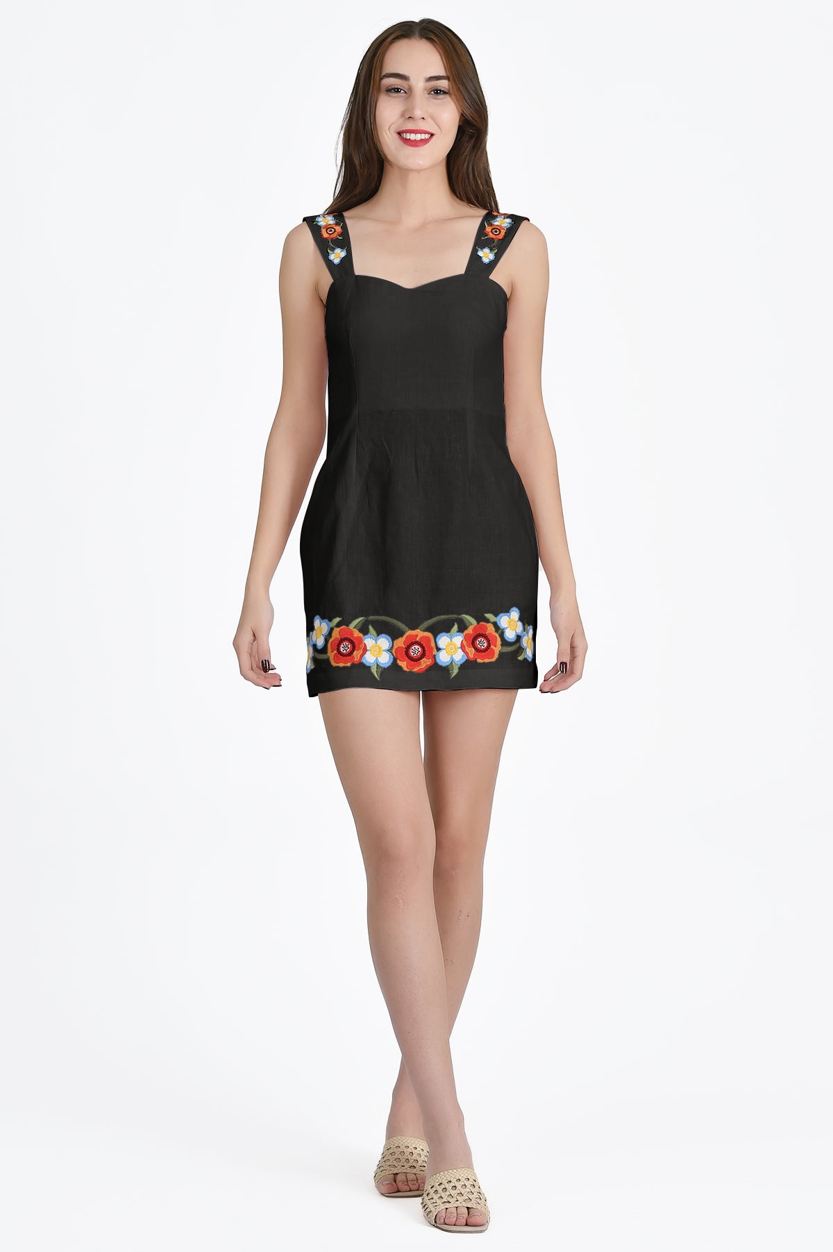 Mersin Dress without Bow in Black for Floral Embroidery On Hem