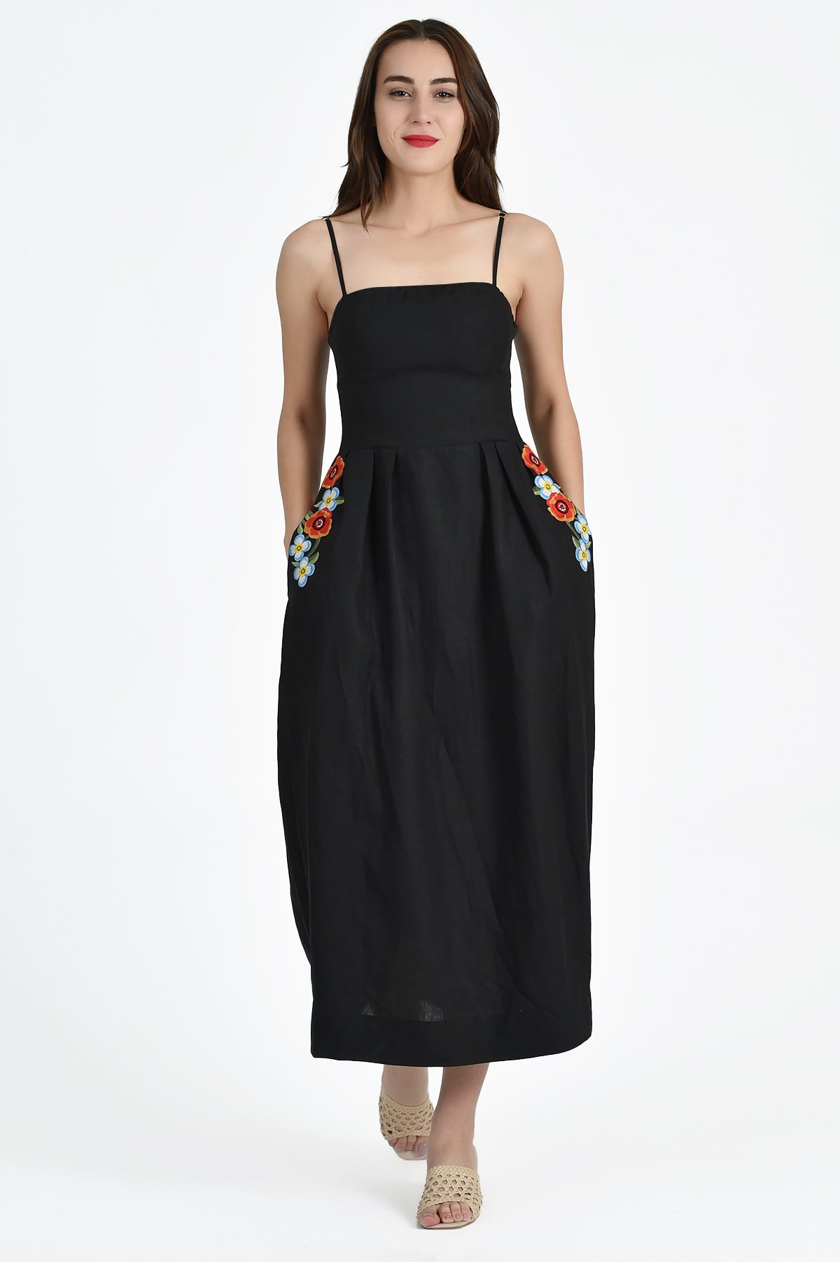 Michou Dress in Black Front View showcasing Floral Embroidery and Side Pockets