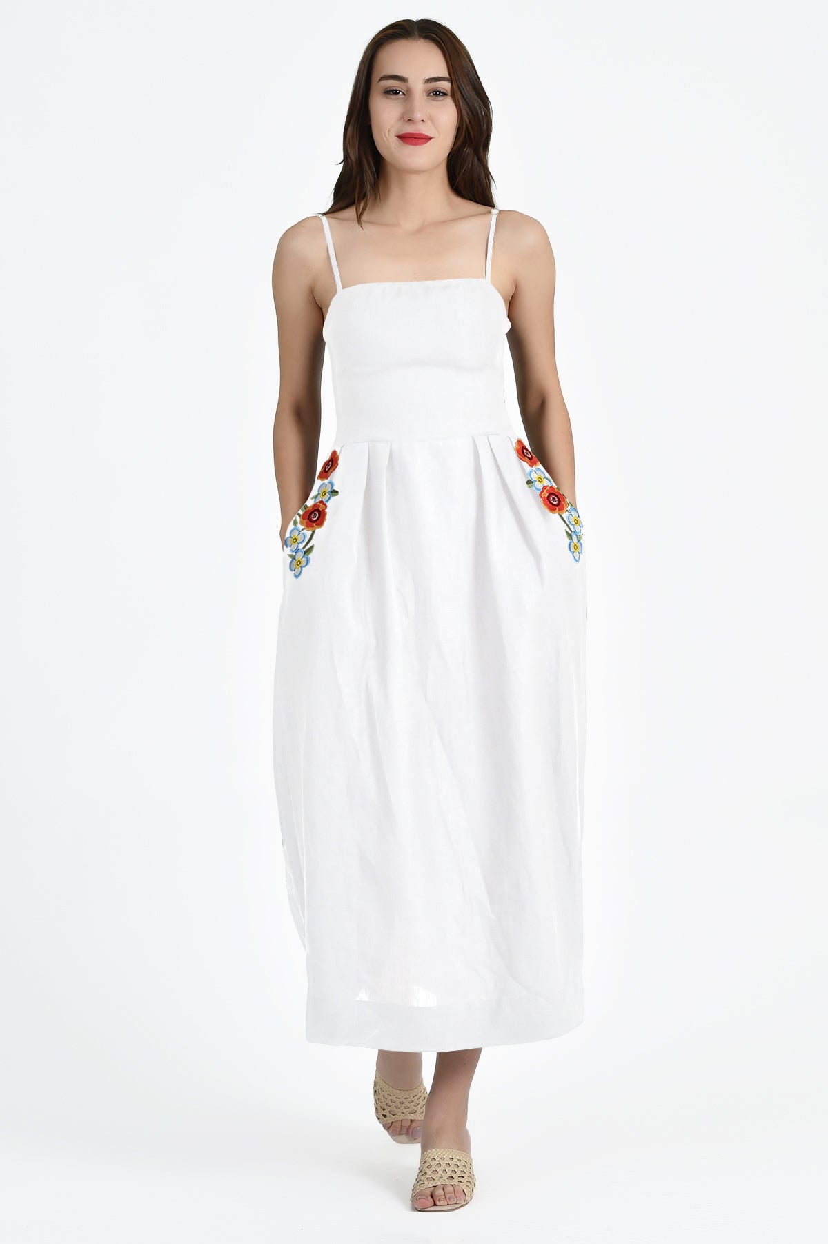 Michou Dress in White with Floral Embroidery