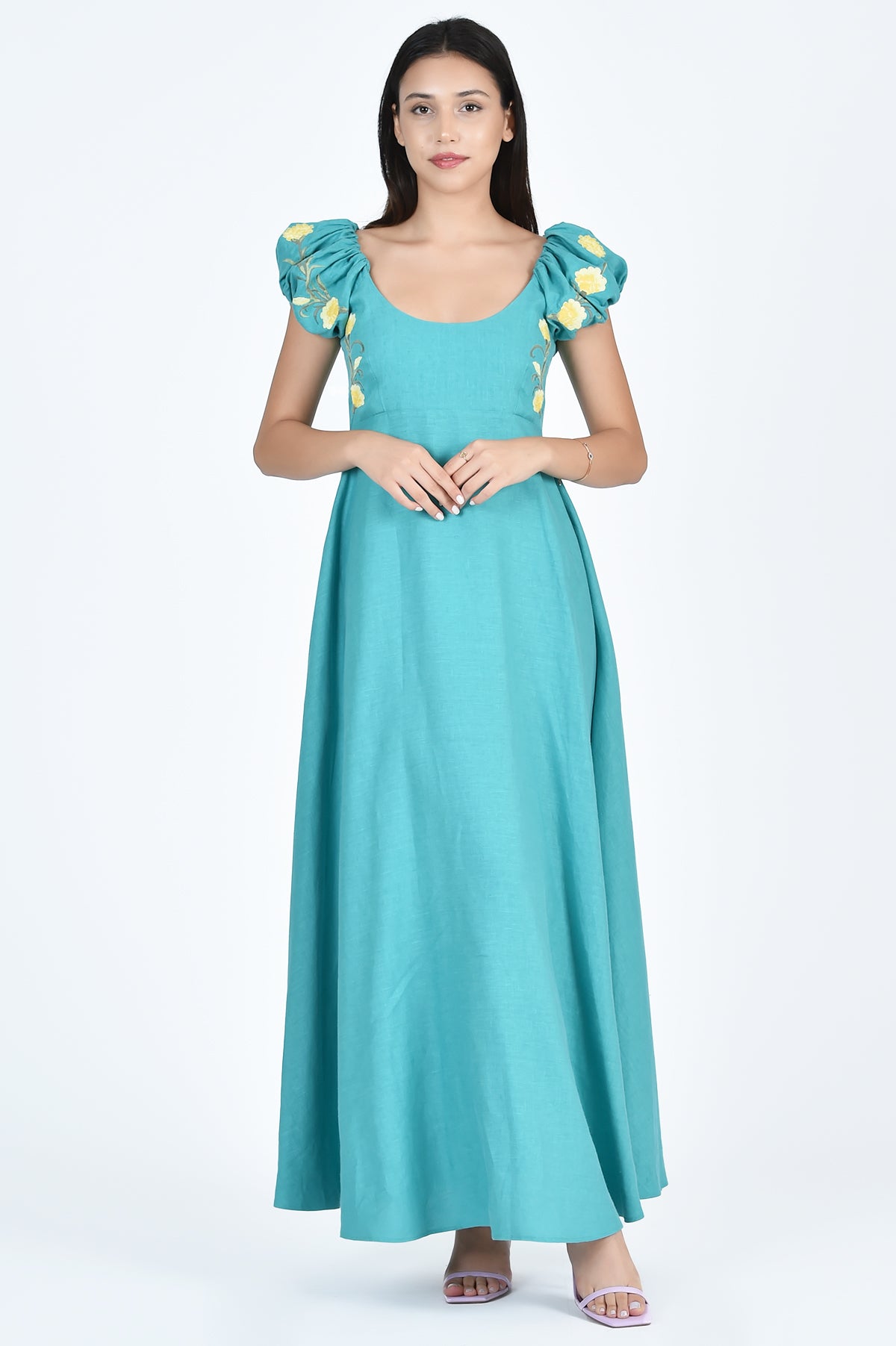 Mina Dress With Yellow Floral Embroidery and ShortSleeves