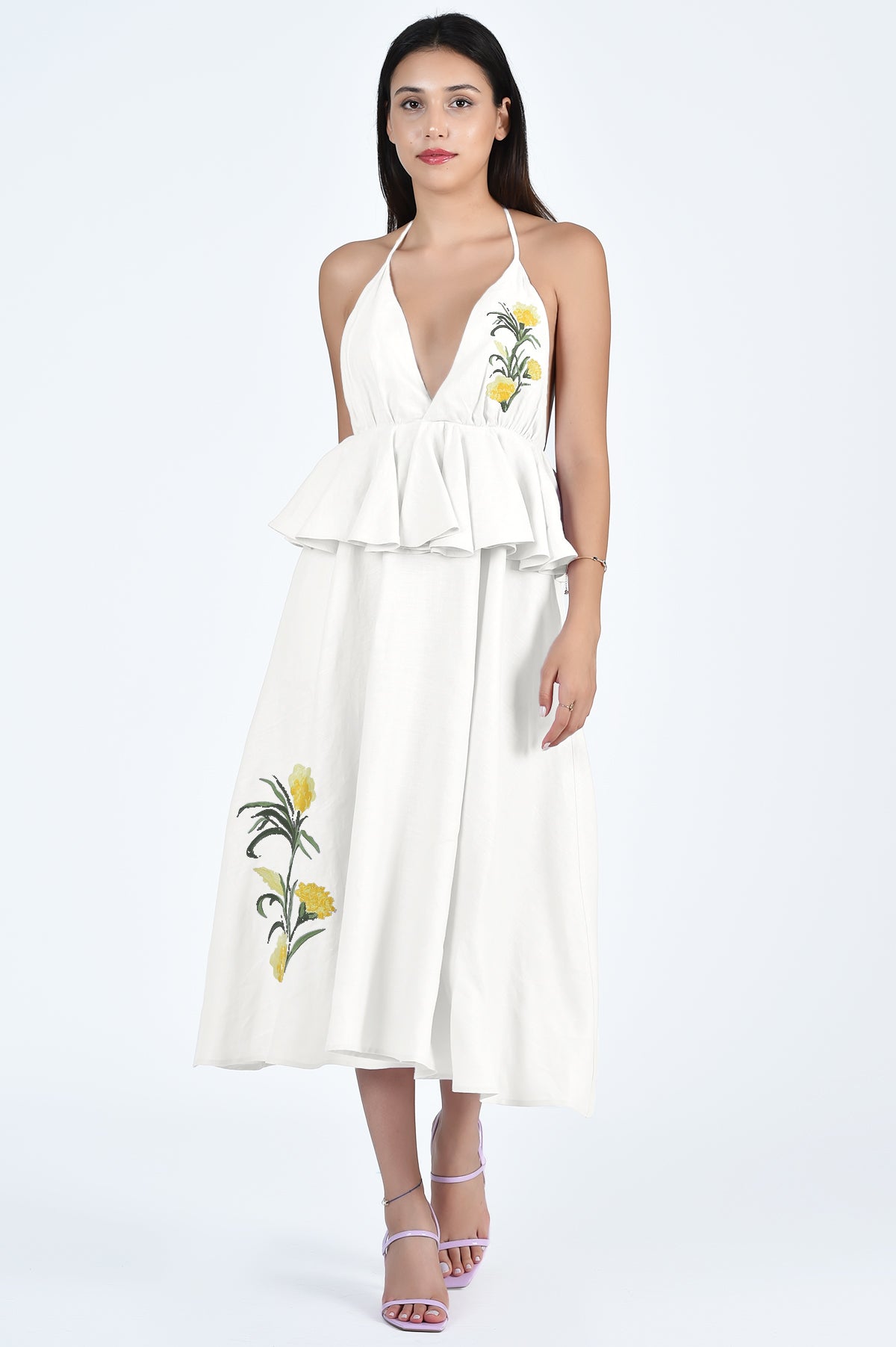 Fanm Mon Sherry Dress with Sherry Midi Dress with Plunging Neckline and Yellow Floral Details