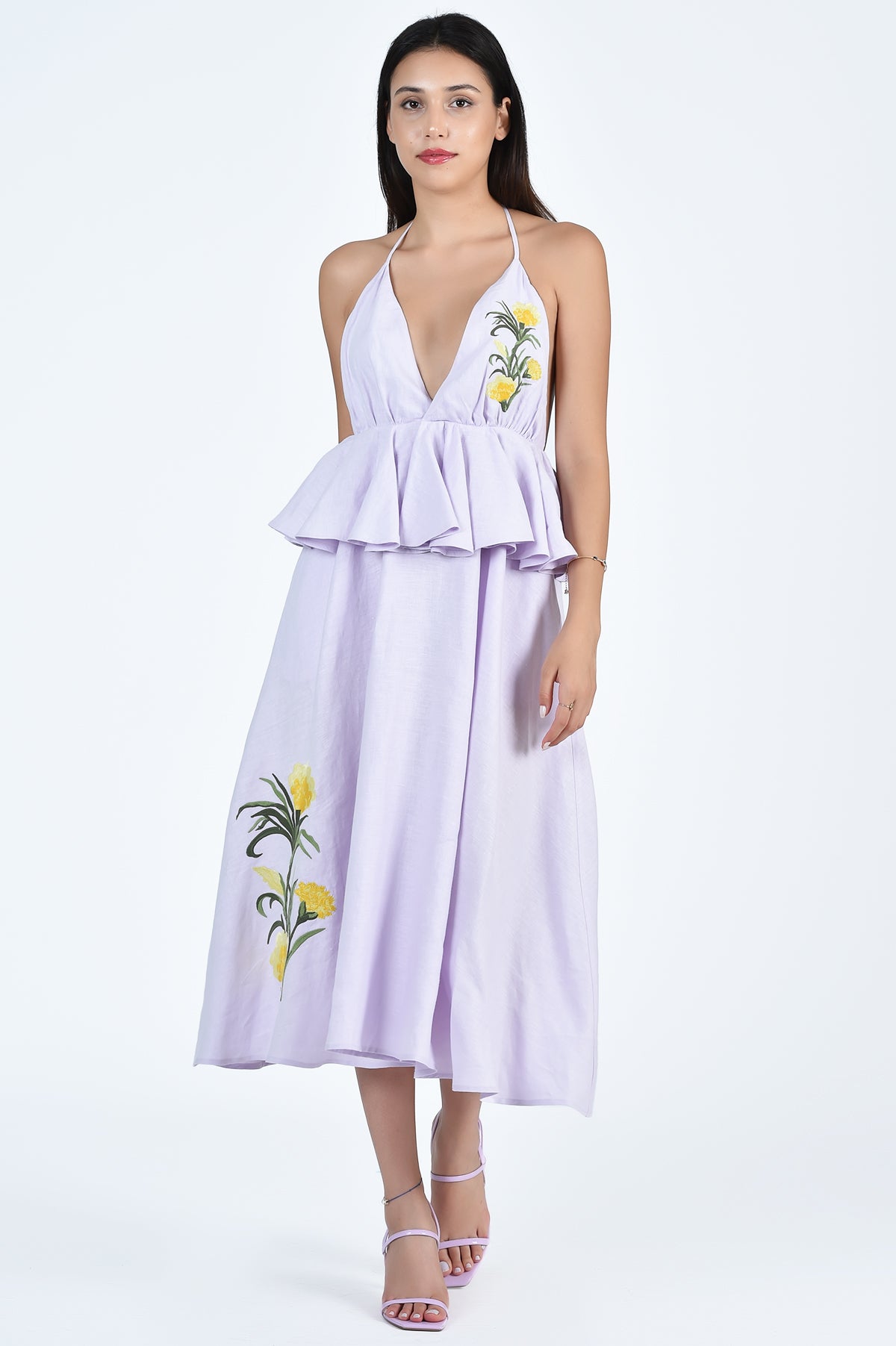 Sherry Midi Dress with Plunging Neckline and Peplum Detail