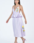 Sherry Dress with Peplum Detail and Yellow Floral Embroidery in Lilac (Fanm Mon - Wombman Collection)