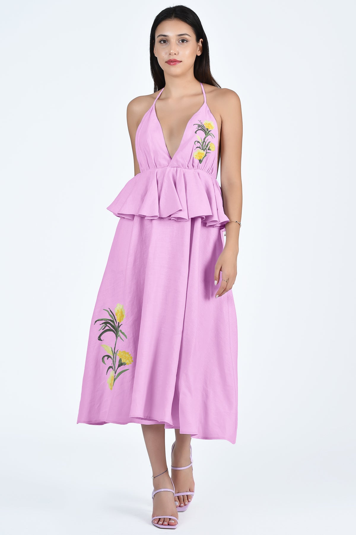 Sherry Midi Dress in Plum with Plunging Neckline and Peplum Detail