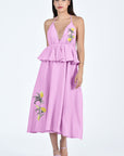 Sherry Midi Dress in Plum with Plunging Neckline and Peplum Detail