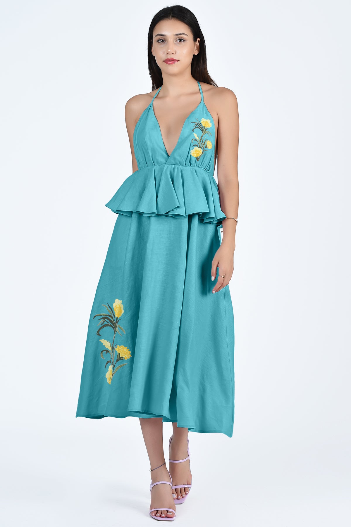 Sherry Midi Dress in Teal With Plunging Neckline and Peplum Detail
