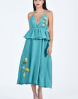 Sherry Midi Dress in Teal With Plunging Neckline and Peplum Detail