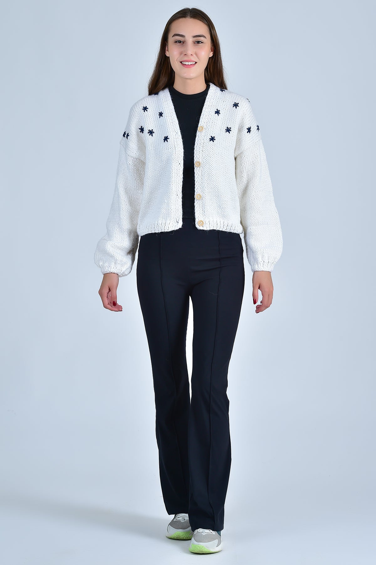 Hand Knit 100% Cotton Sister Bloom Cardigan in White with Navy Floral Embroidery