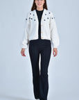 Hand Knit 100% Cotton Sister Bloom Cardigan in White with Navy Floral Embroidery