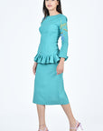 Susan Dress in Teal with Drop Peplum Waist Detail and Blue Floral Embroidery
