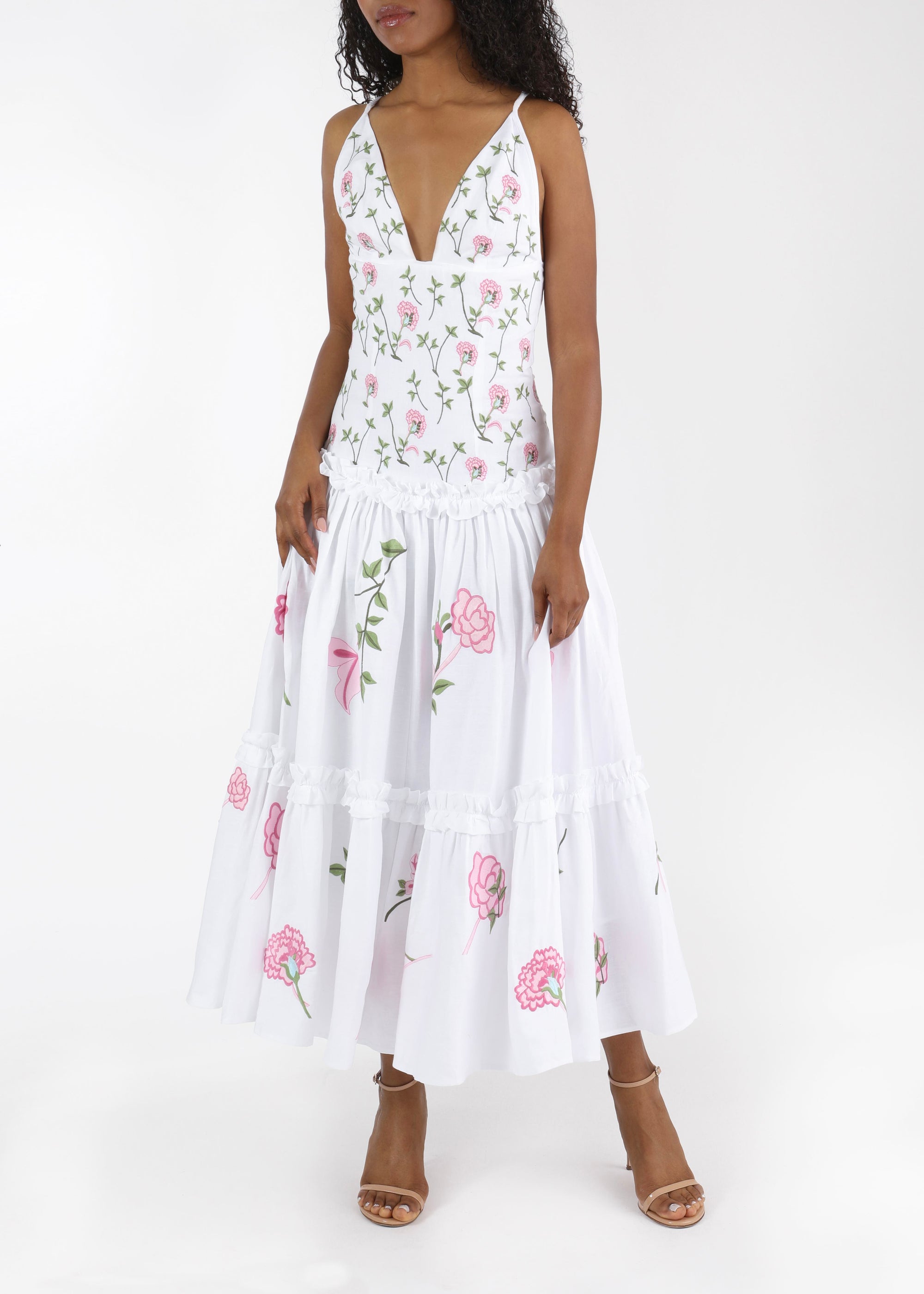 Fanm Mon and Over the Moon Vaughan Dress with Pink Floral Embroidery
