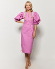 Fanm Mon Santiago Dress in Cotton Midi Length Dress with Floral Embroidery down the bodice, puff sleeves and straight fit.