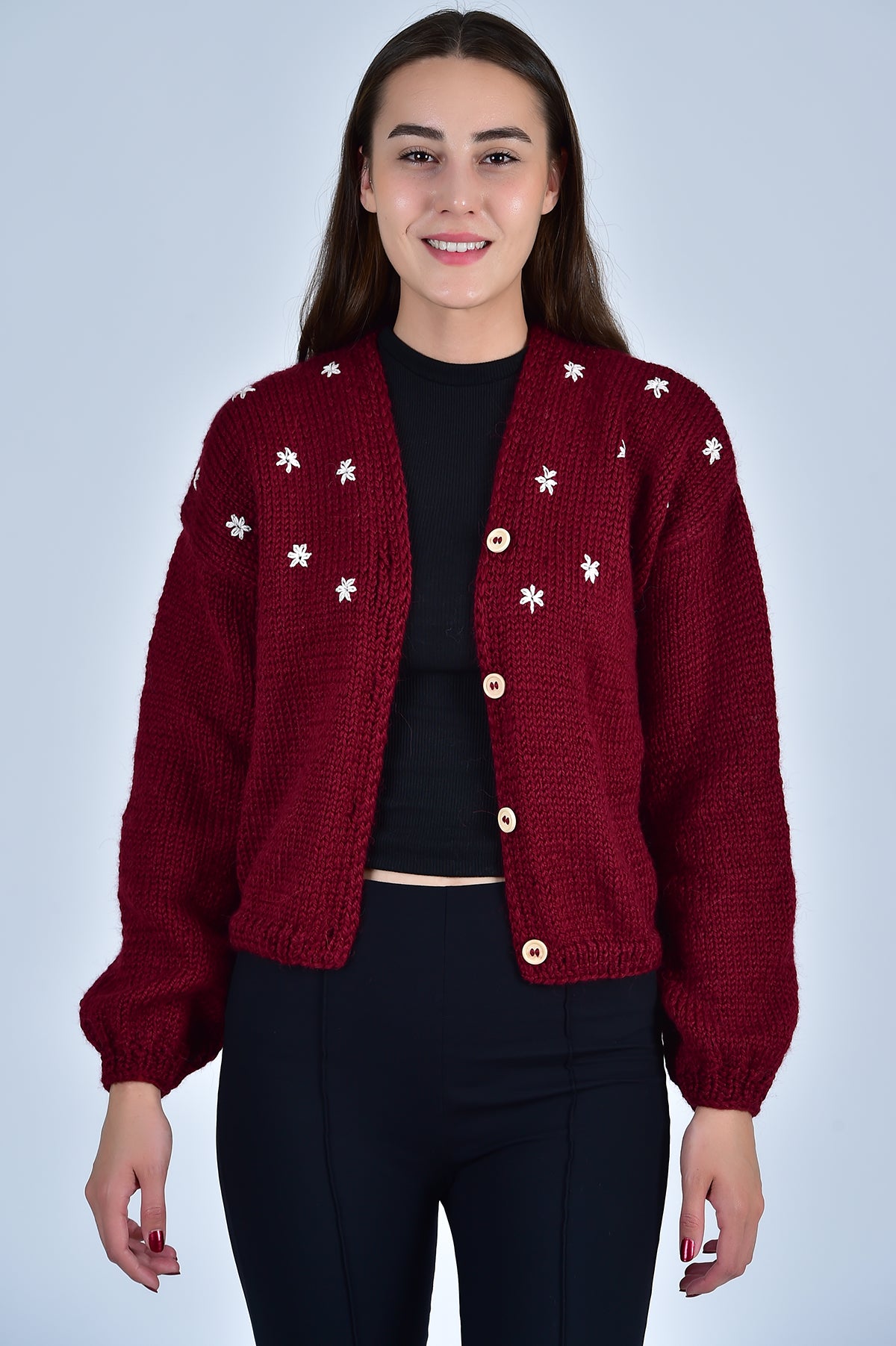 Fanm Mon Sister Bloom Burgundy Red Hand Knit Cardigan
