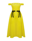 Yellow off-shoulder dress with black belt on a white background. Fanm Mon Gulderen Dress.