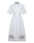 Fanm Mon White shirt dress with floral embroidery on a white background.