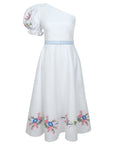 Fanm Mon White one-shoulder dress with floral embroidery and a matching waist belt on a white background.
