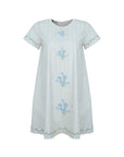 White and green striped dress with floral embroidery on a white background. Famn Mon Jale Dress.