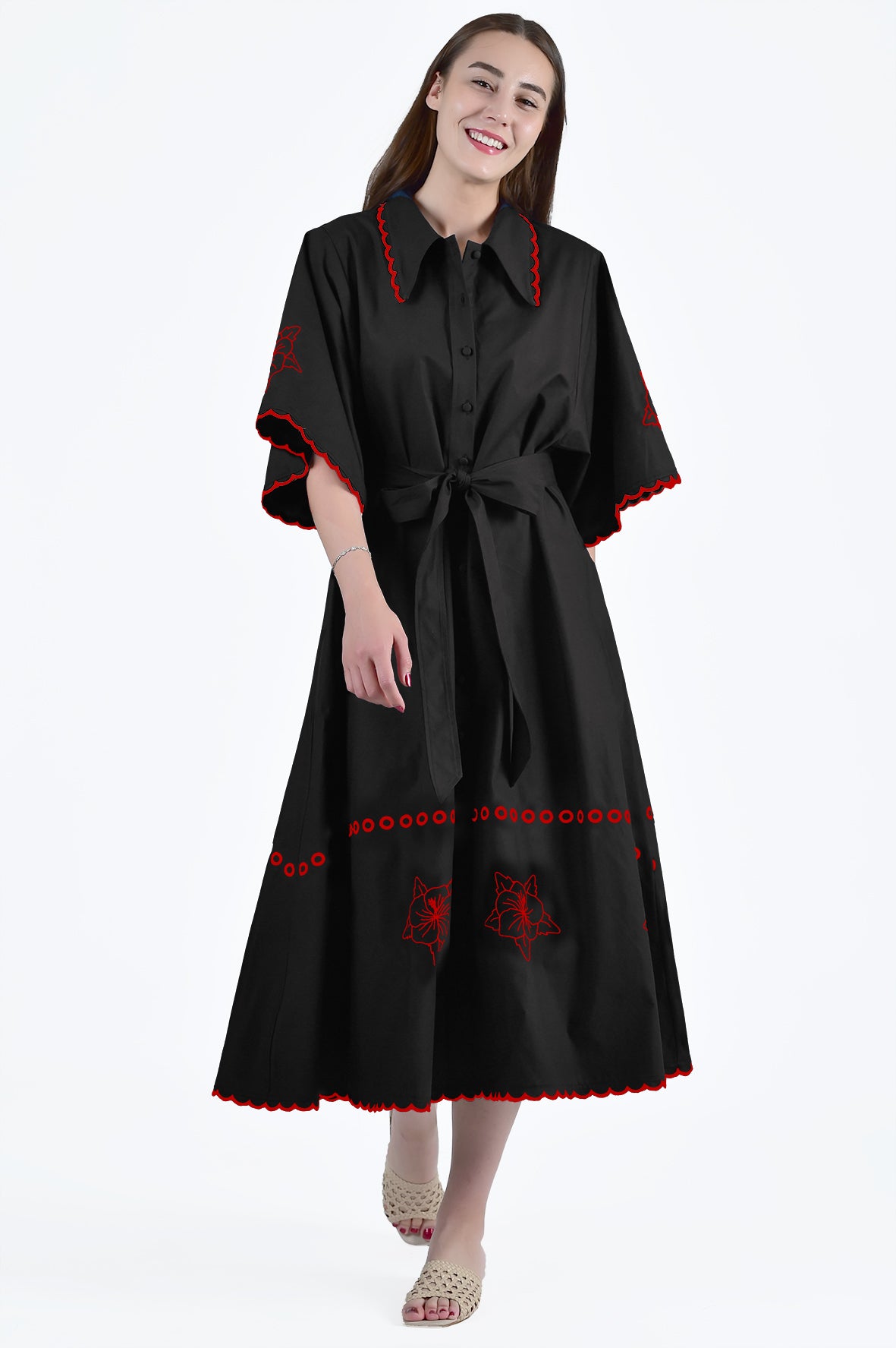 black dress red embroidery KAYLEE DRESS
