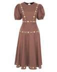 Fanm Mon Lesley Dress featuring hand-embroidered daisy vines, a classic crew neckline, puff short sleeves, a fitted bodice, and an elegant A-line midi silhouette in espresso brown.