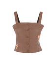 Fanm Mon Merva floral embroidered top in espresso with covered buttons and botanical embroidery