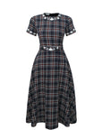 MIHRIBAN DRESS FROM ARRAY COLELCTION IN NAVY TARTAN TWEED