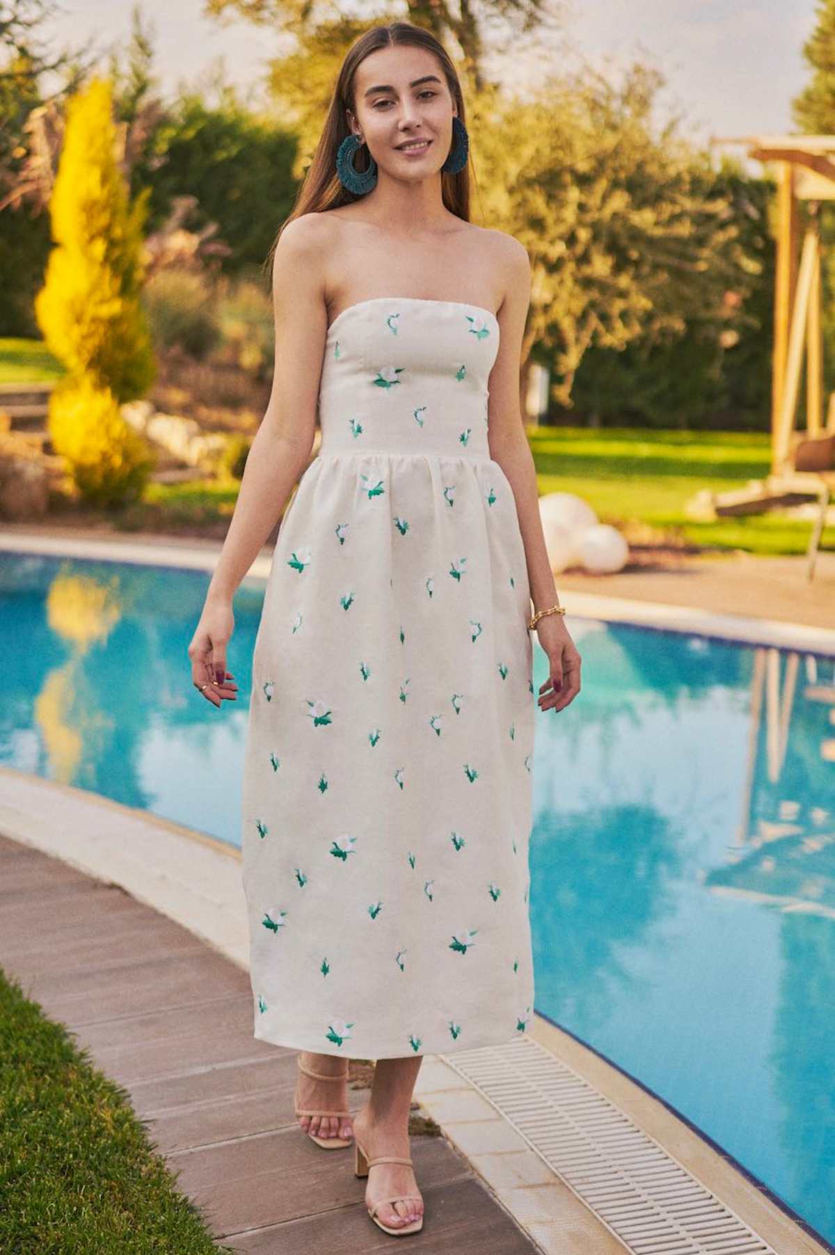Rozie Linen Midi Strapless Dress with All Over Floral Embroidery Detail.